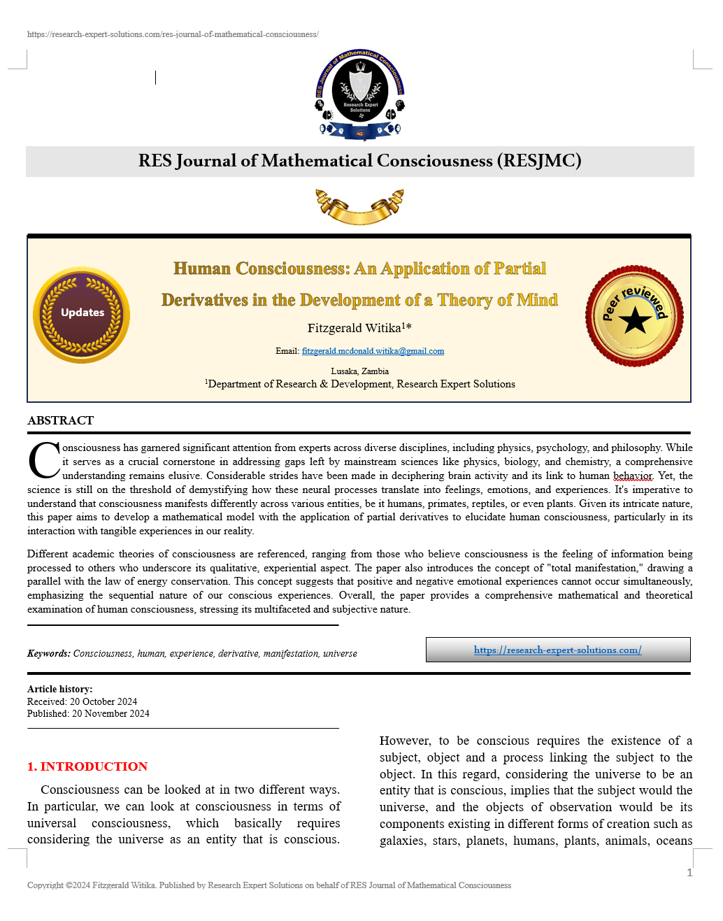 Human Consciousness: An Application of Partial Derivatives in the Development of a Theory of Mind